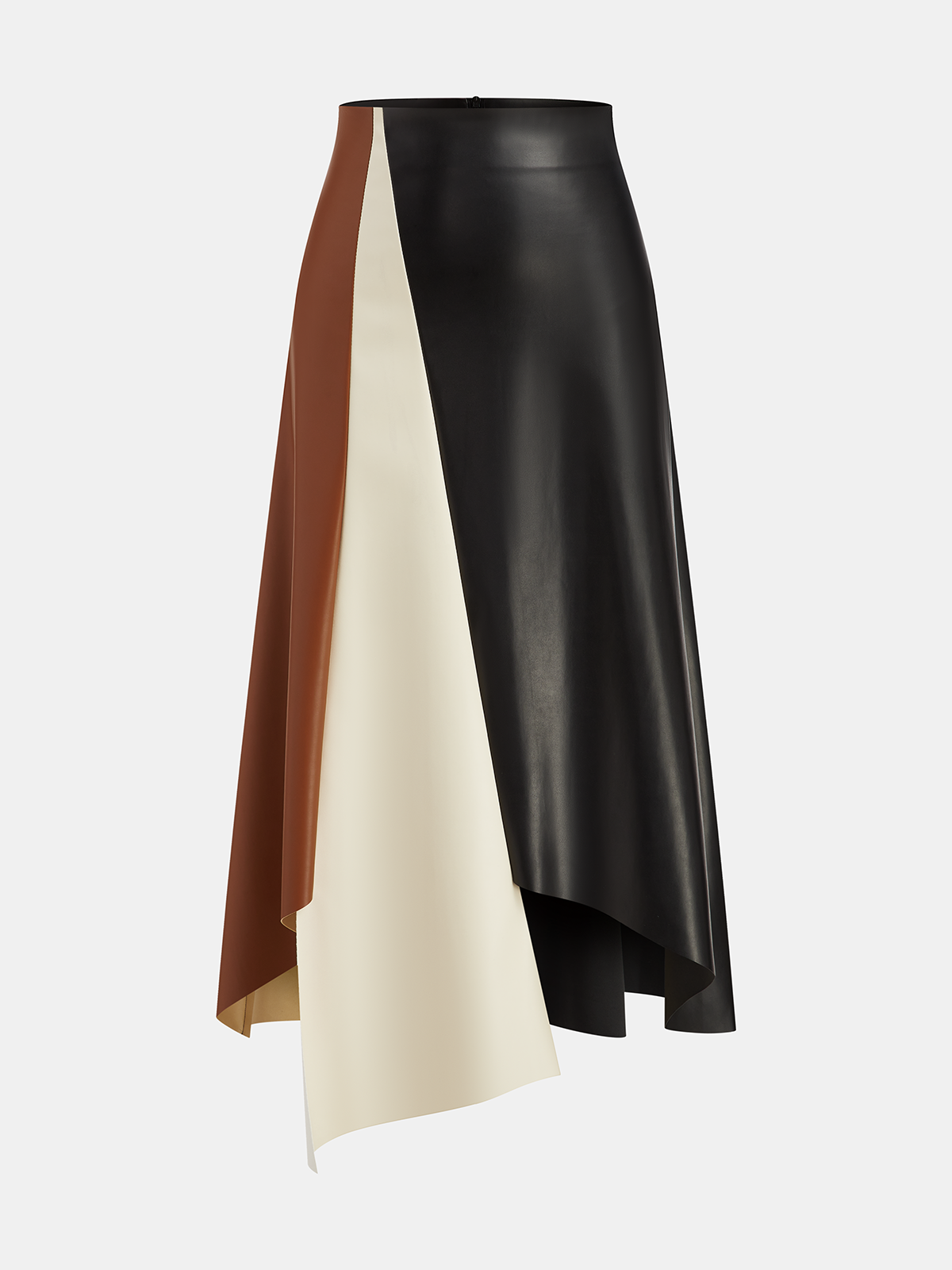 Color Block Asymmetric Faux Leather Midi Skirt