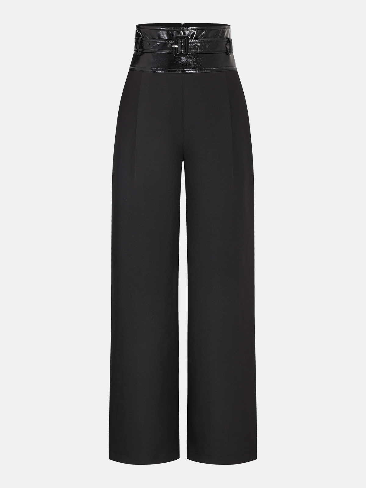 Faux Leather Waistband Wide-Leg Pants with Belt