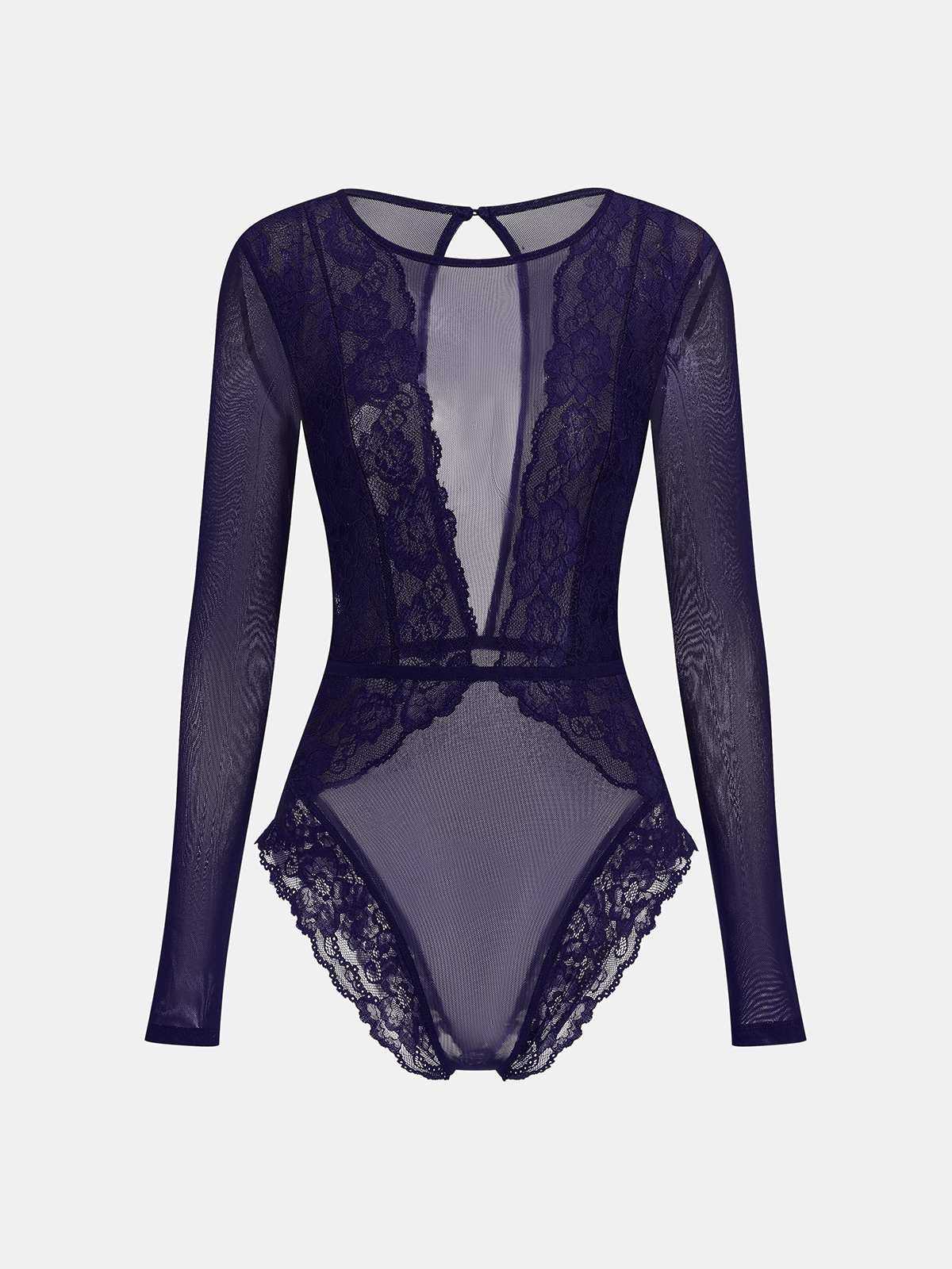 Langärmeliger transparenter Body aus Spitze und Mesh