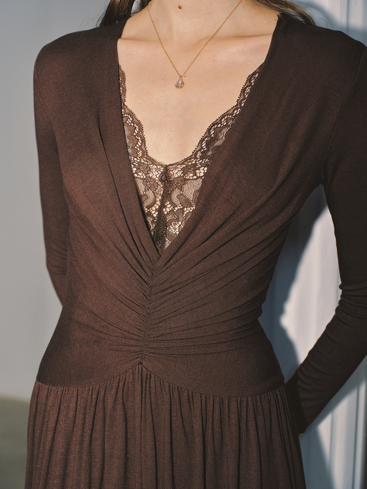 Lace V-Neck Ruched Maxi Dress