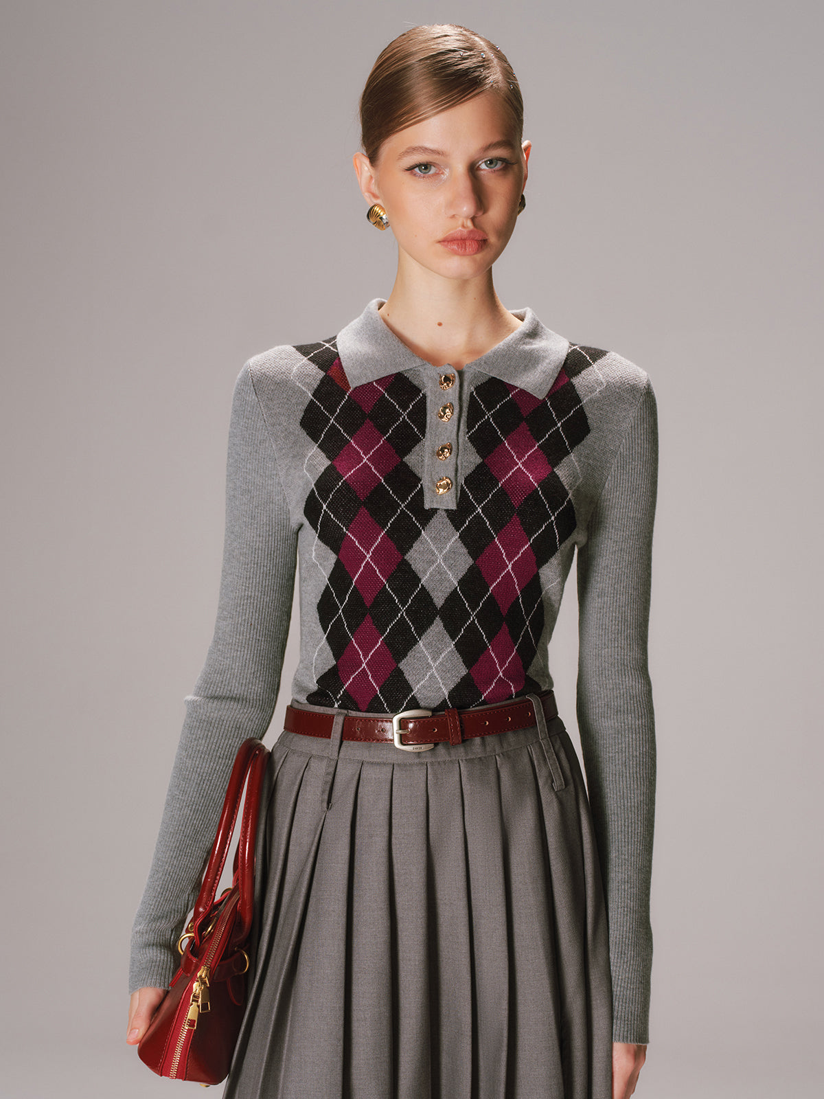 Haut en maille polo mélangée de laine Argyle
