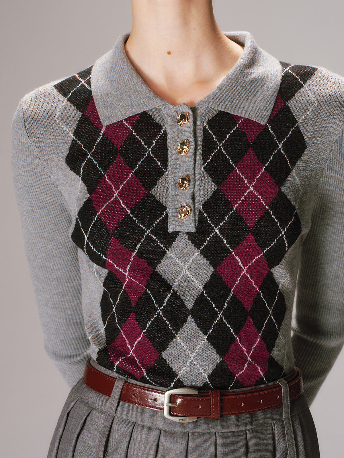 Haut en maille polo mélangée de laine Argyle