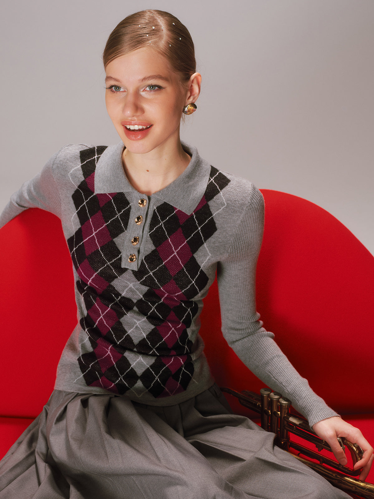 Haut en maille polo mélangée de laine Argyle
