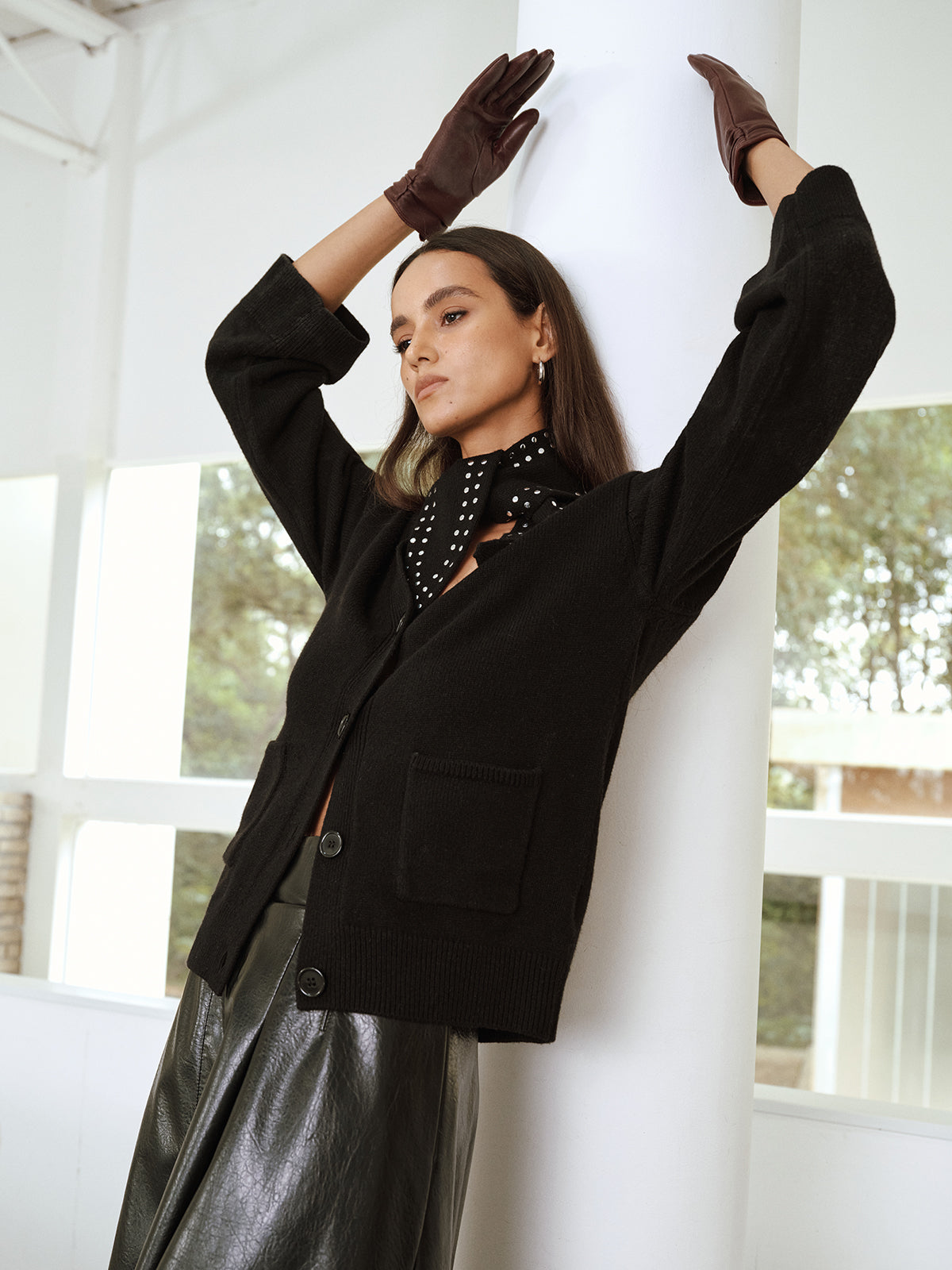 Wool Blend V-Neck Cardigan with Studded Scarf