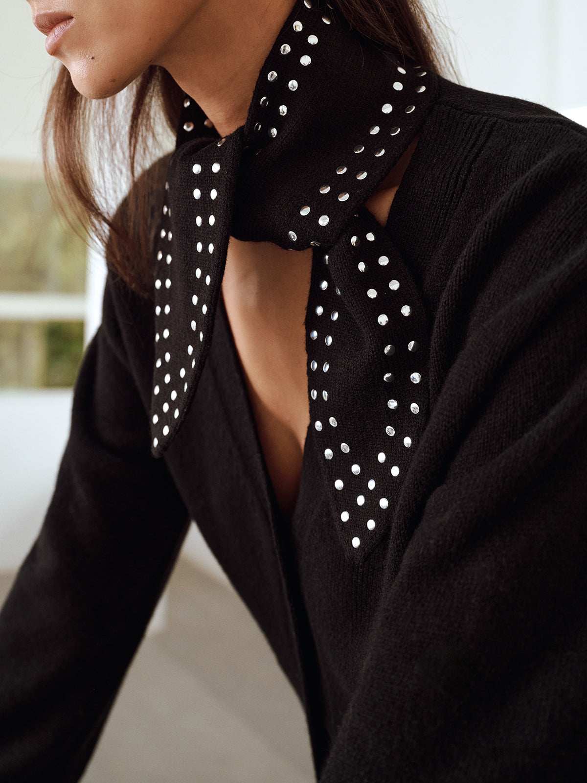 Wool Blend V-Neck Cardigan with Studded Scarf