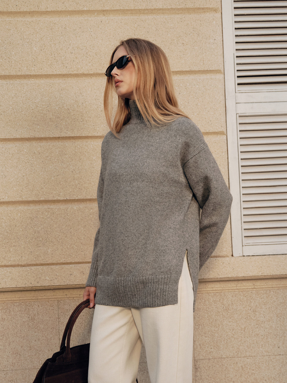 Wool Blend Turtleneck Side Slit Sweater