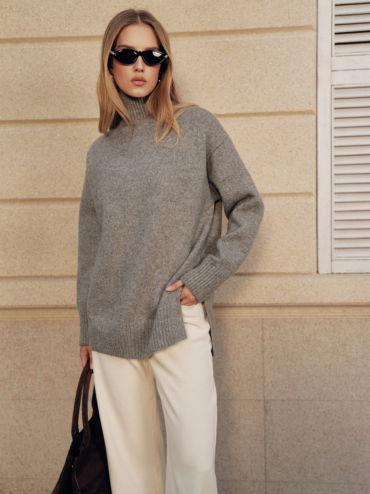 Wool Blend Turtleneck Side Slit Sweater