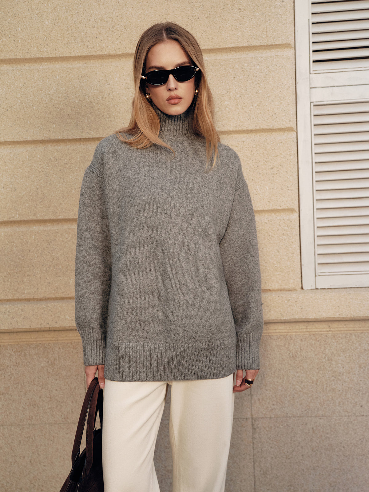 Wool Blend Turtleneck Side Slit Sweater