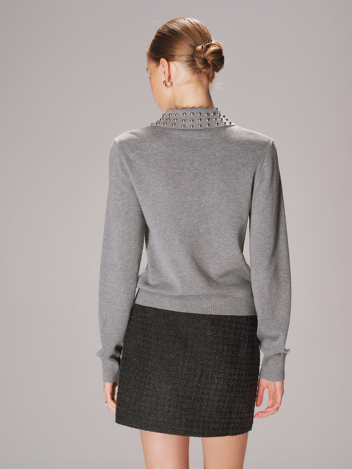 Studded Collar Wool-Blend Knit Polo Sweater