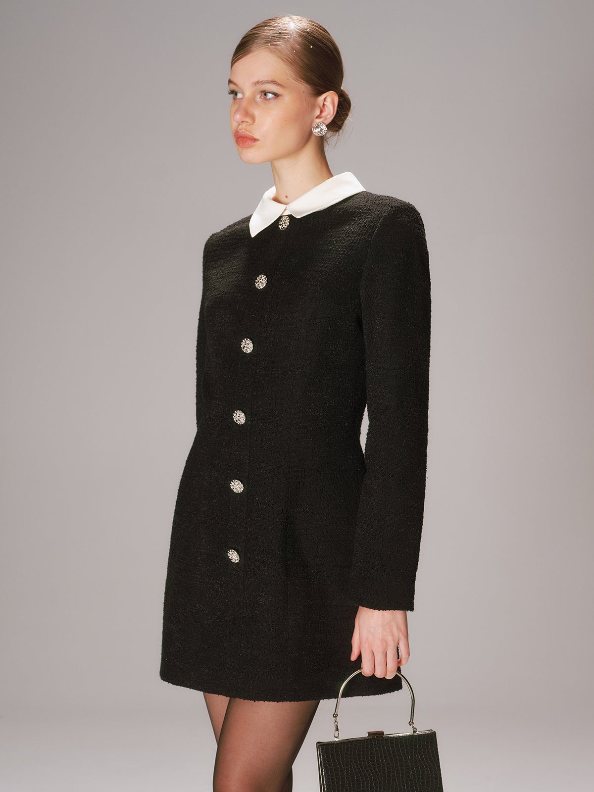Contrast Collar Tweed Mini Dress
