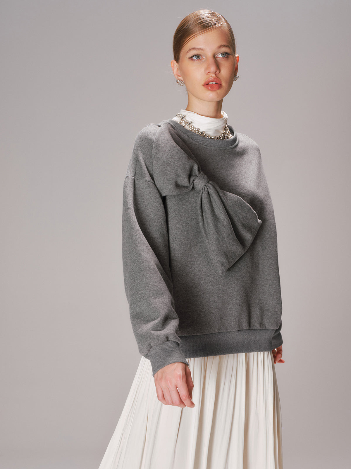 Oversized Bow Detail Crew Neck Sweatshirt