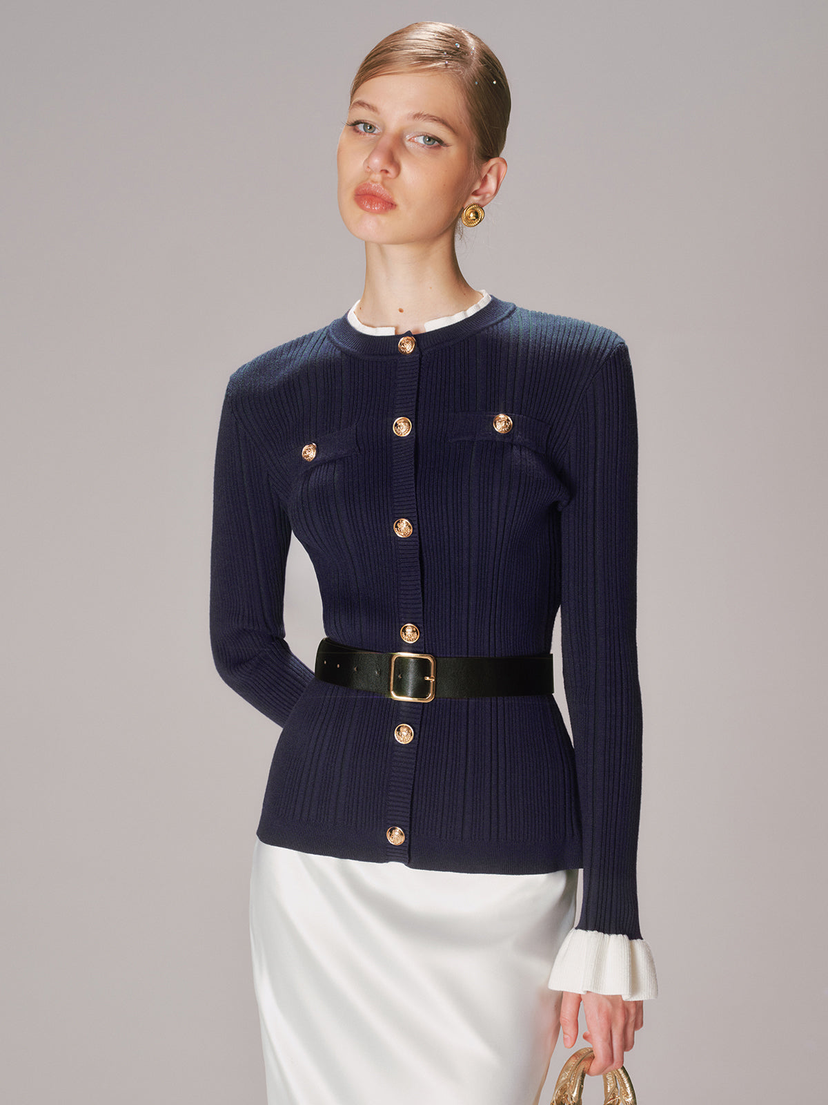Belted Metal Button Ribbed Knit Top