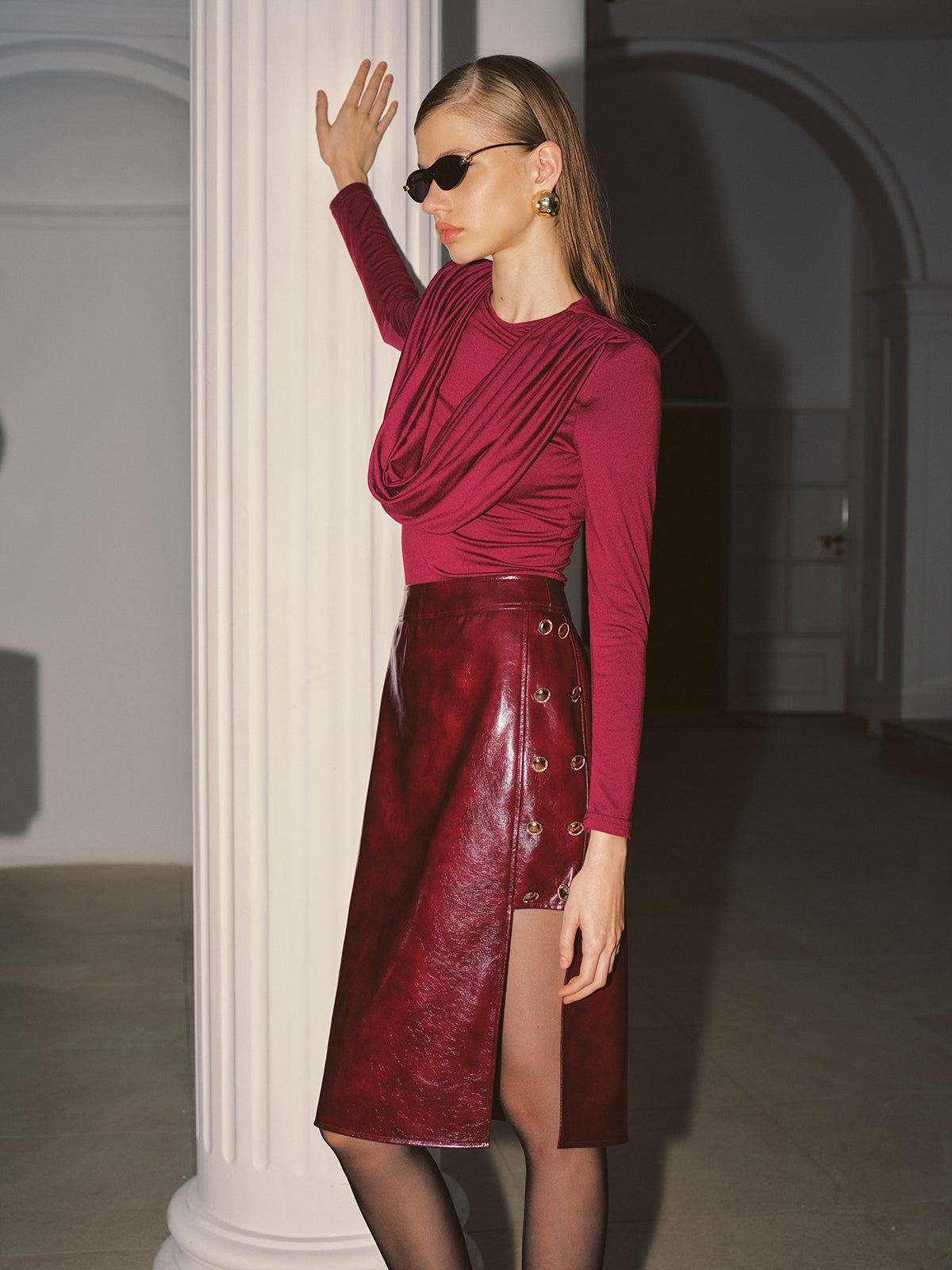 Long-Sleeve Draped Neck Top