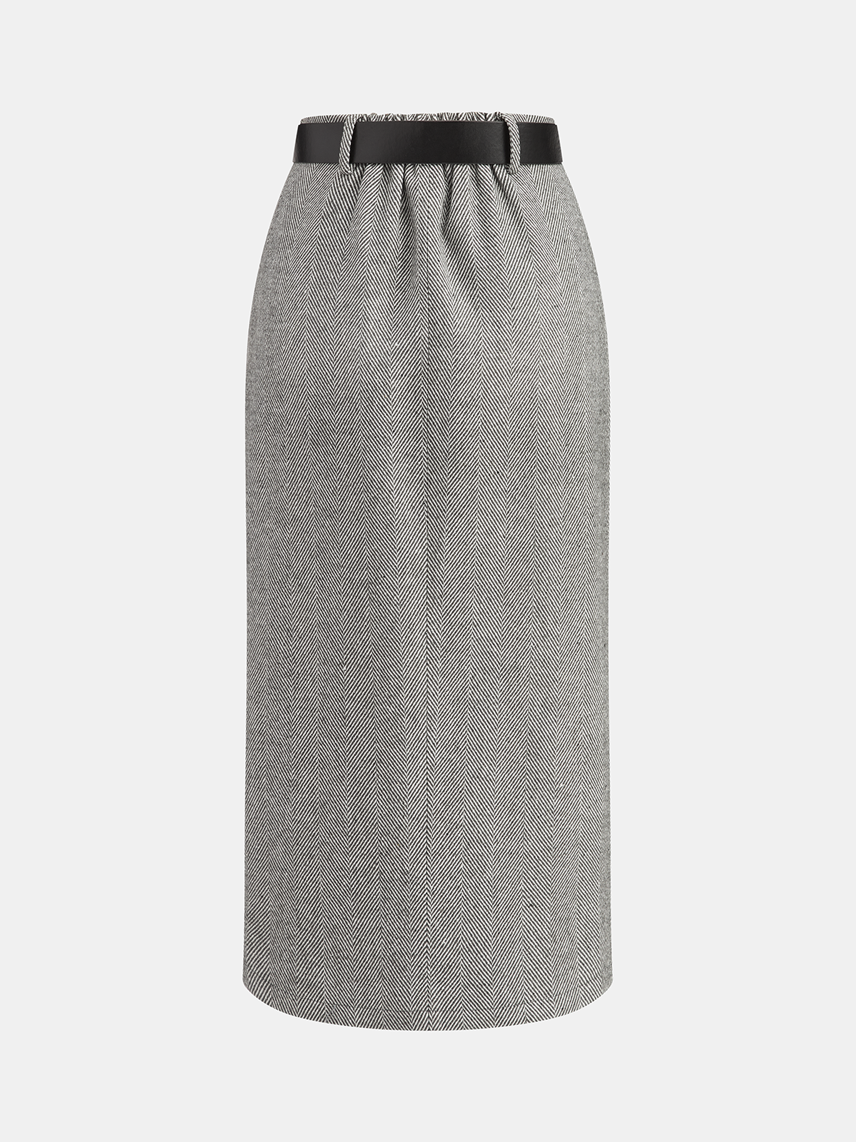 Belted Herringbone Slit Midi Skirt