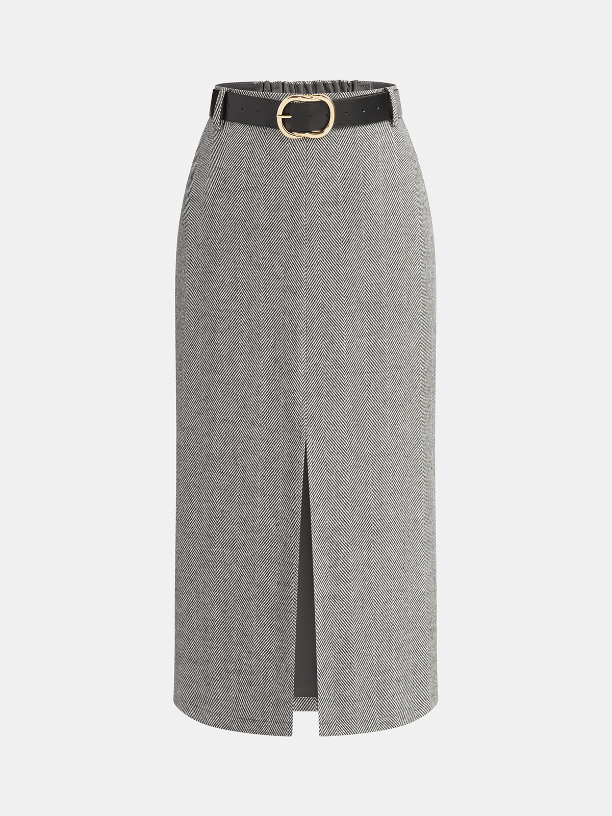 Belted Herringbone Slit Midi Skirt