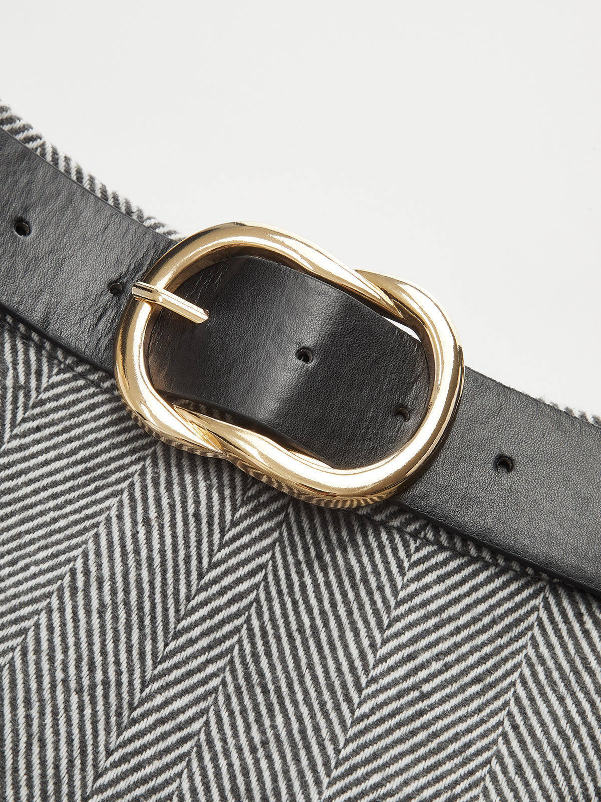 Belted Herringbone Slit Midi Skirt