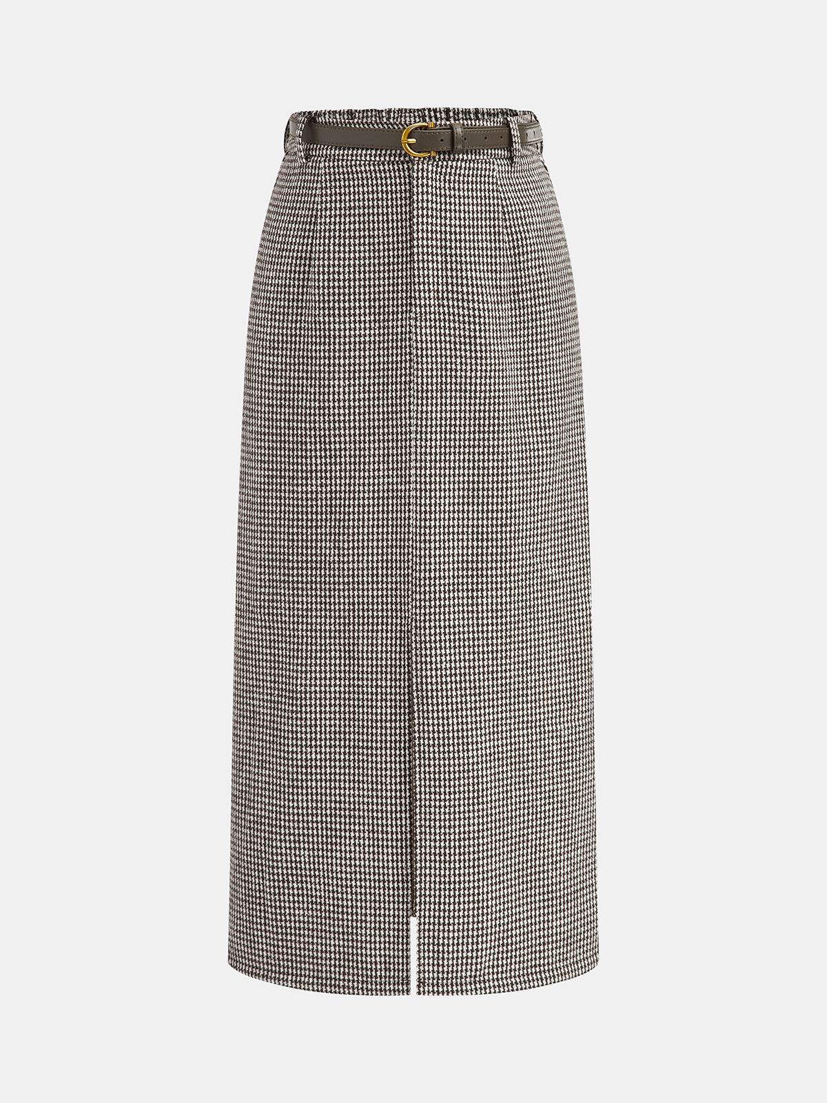 Houndstooth Tweed Belted Midi Skirt