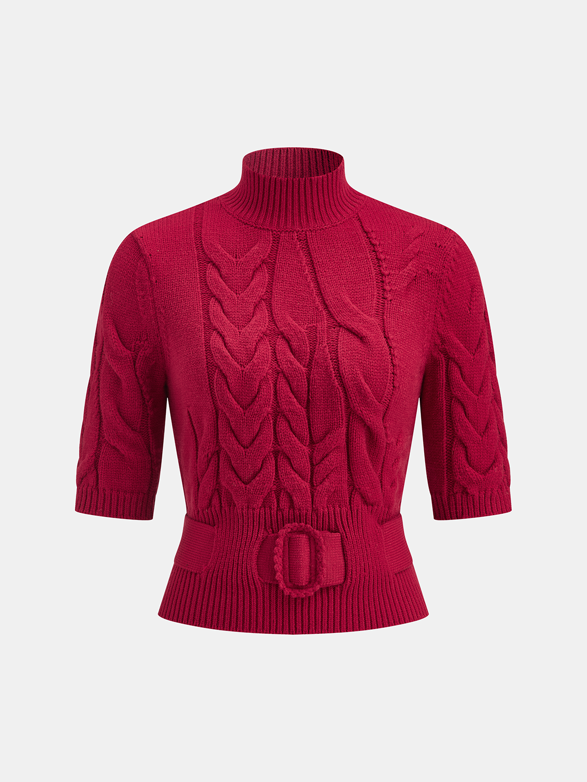 Turtleneck Cable Knit Short Sleeve Belted Sweater