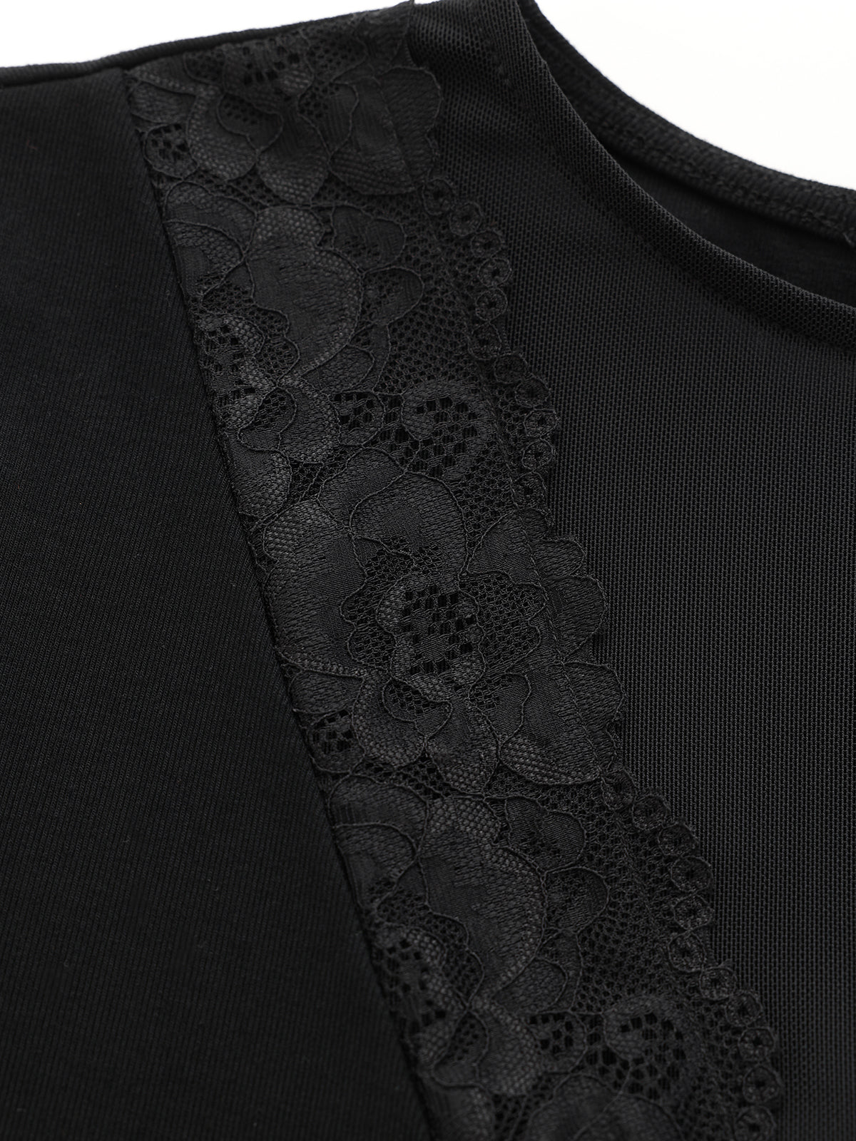 Semi-Sheer Mesh Lace Panel Long-Sleeve Bodysuit