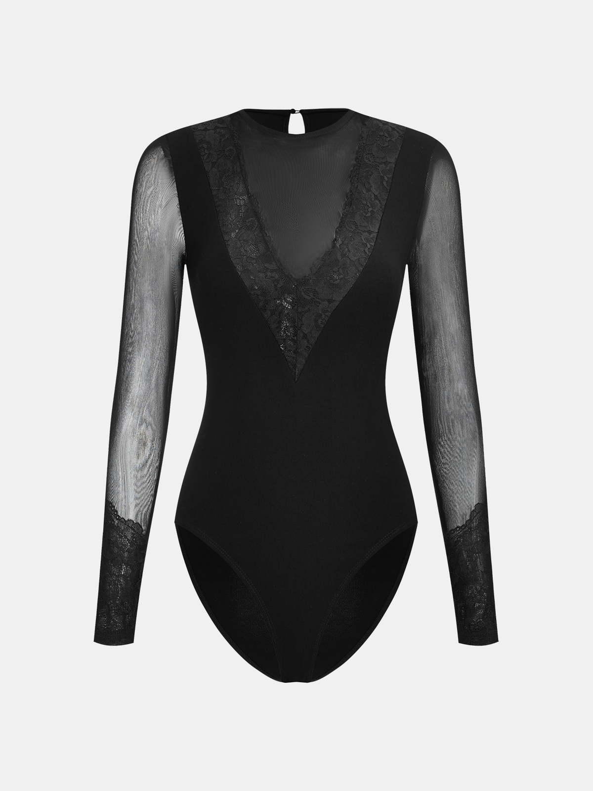 Semi-Sheer Mesh Lace Panel Long-Sleeve Bodysuit