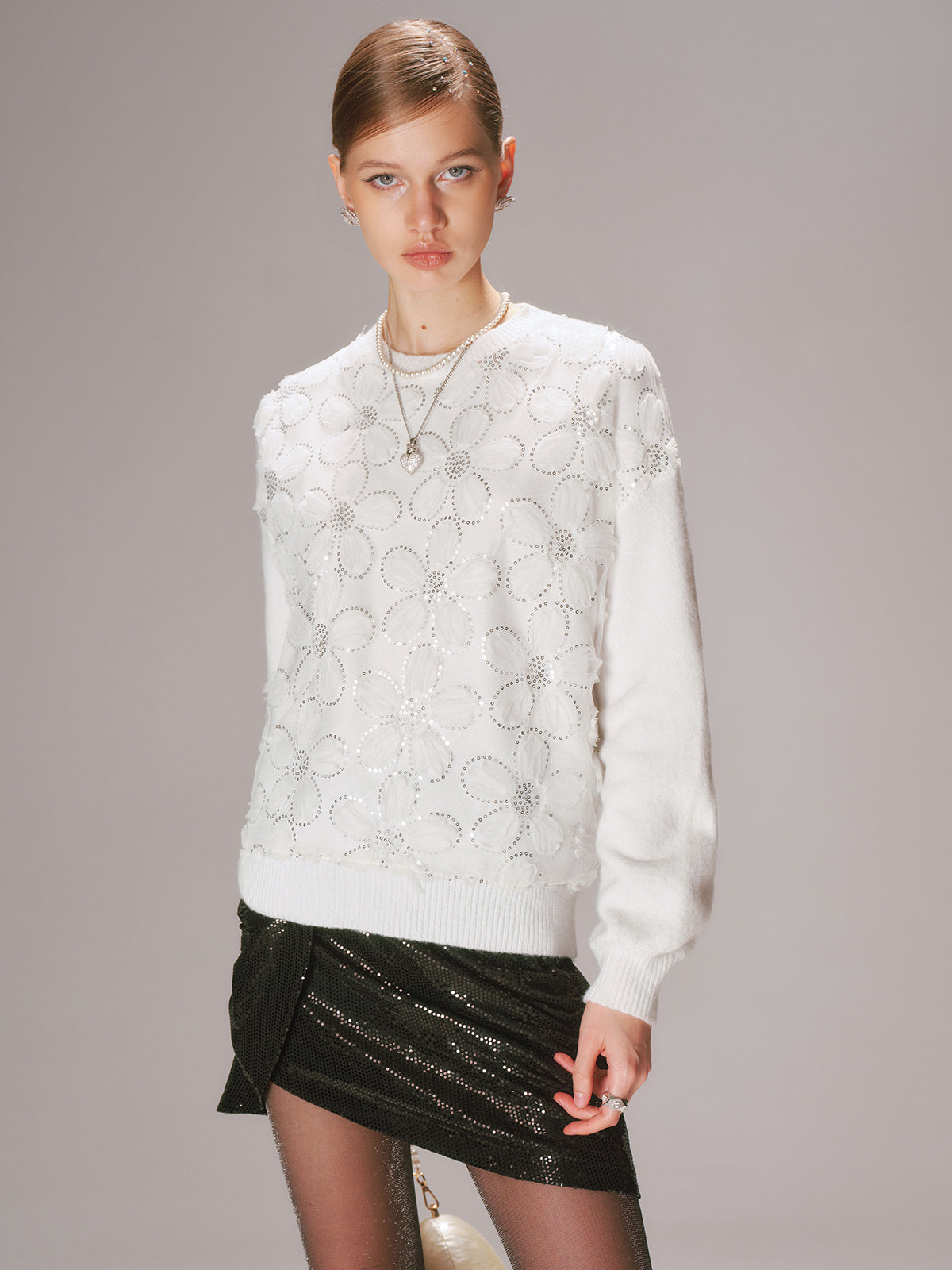 Floral Sequin Mesh Detail Sweater
