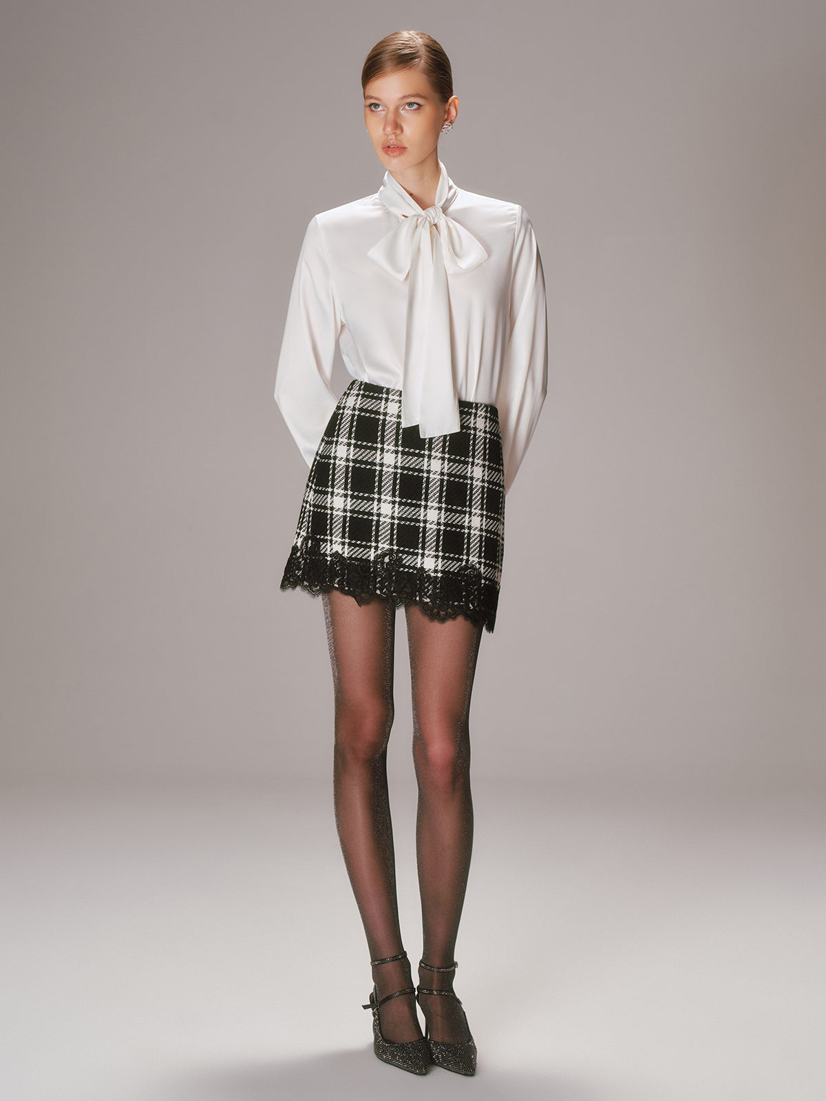 Lace Trim Plaid Tweed Mini Skirt