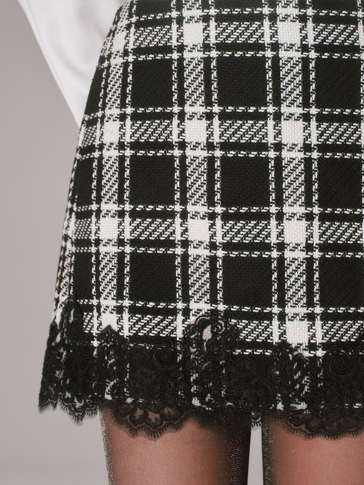 Lace Trim Plaid Tweed Mini Skirt