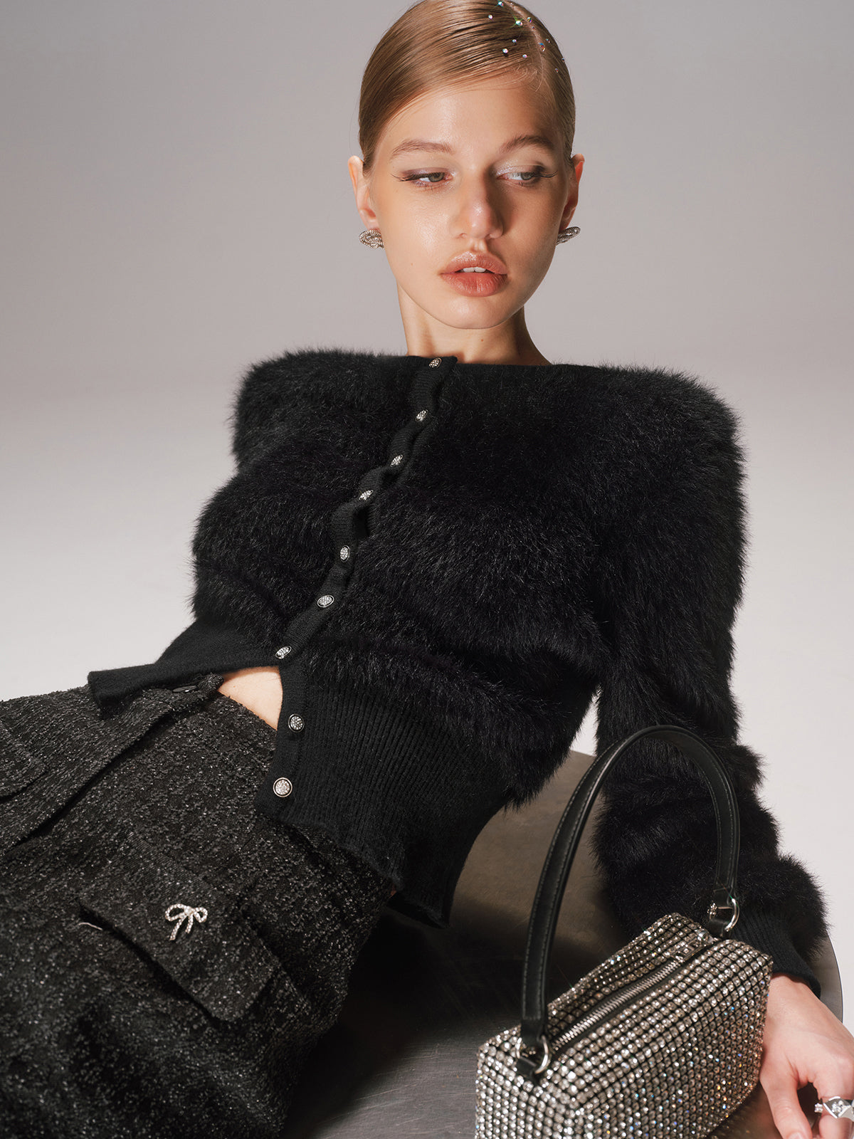 Button-Front Faux Mink Cropped Cardigan