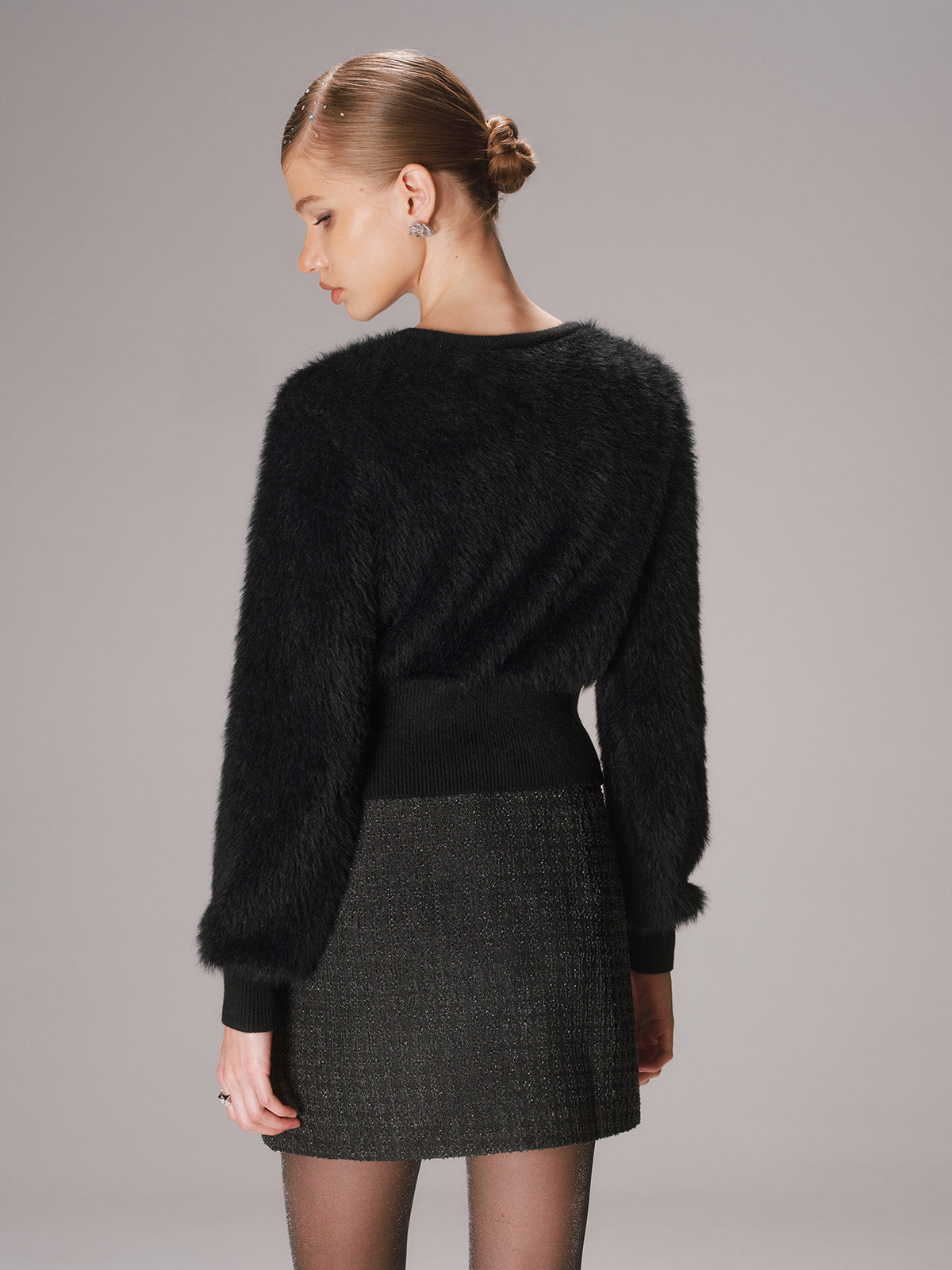 Button-Front Faux Mink Cropped Cardigan