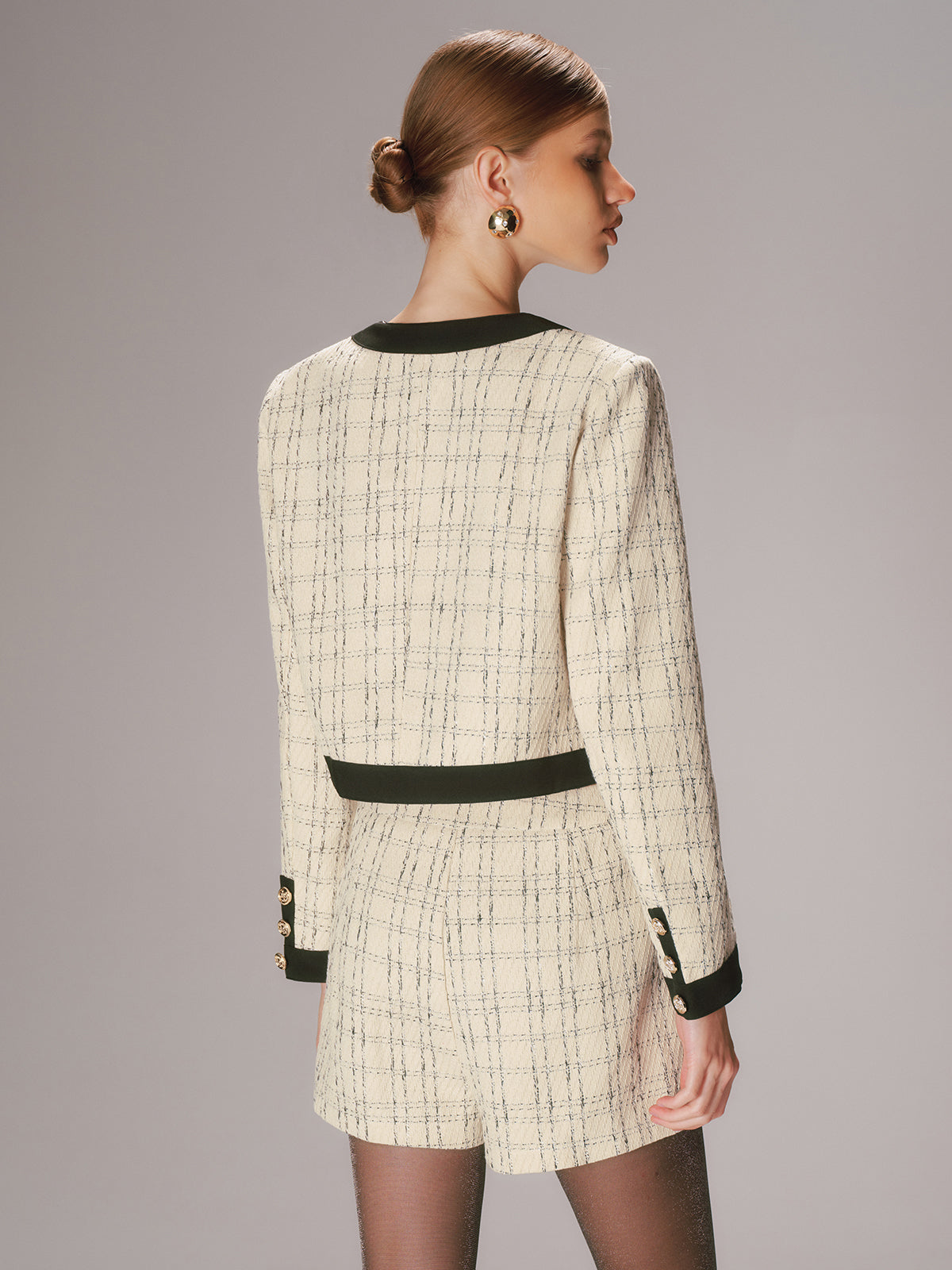 Contrast Trim Tweed Jacket and Shorts Set