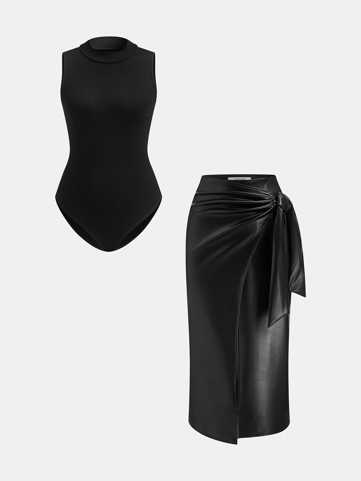 Sleeveless Bodysuit and Faux Leather Skirt Set