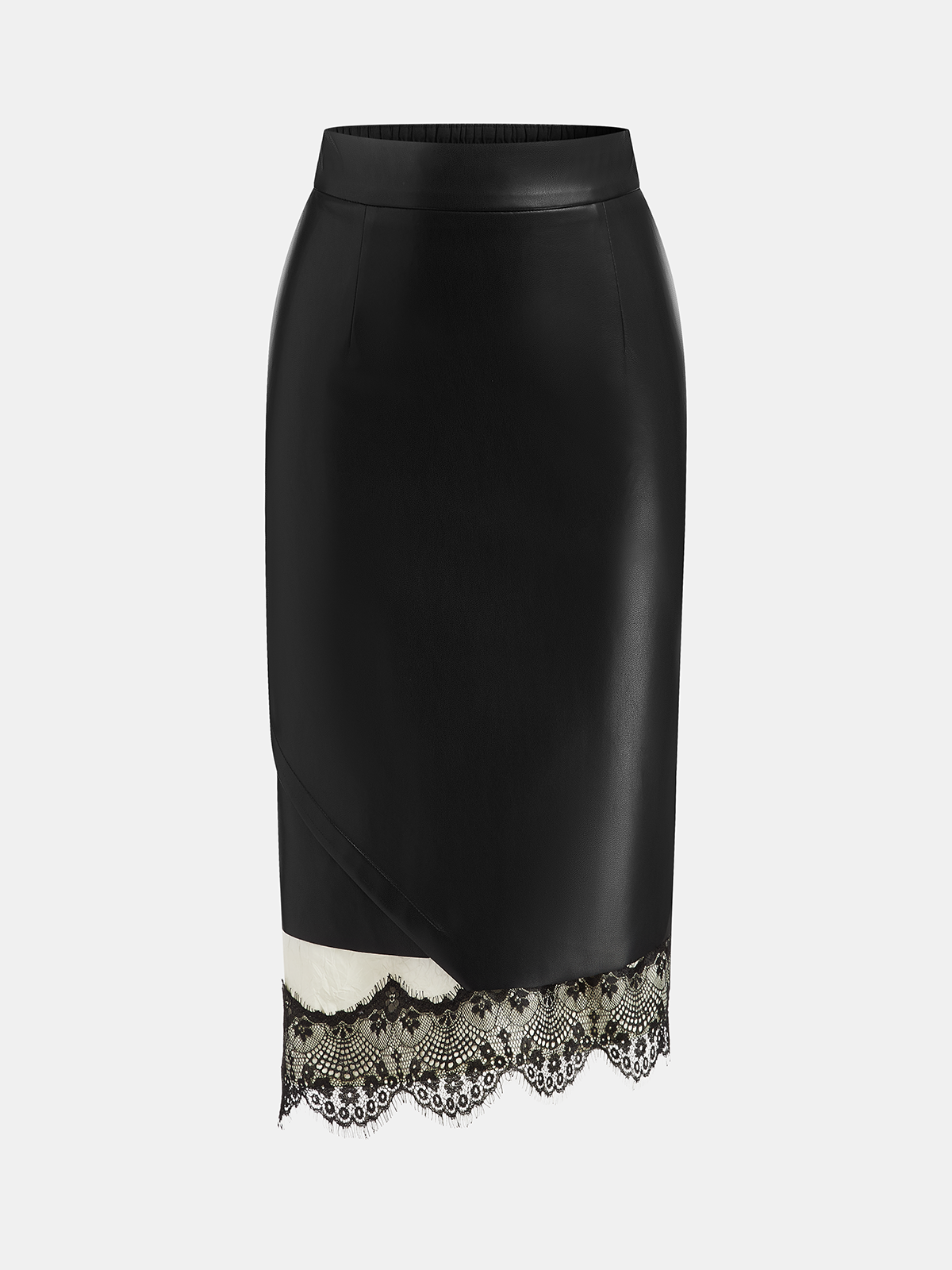 Lace Hem Faux Leather Midi Skirt
