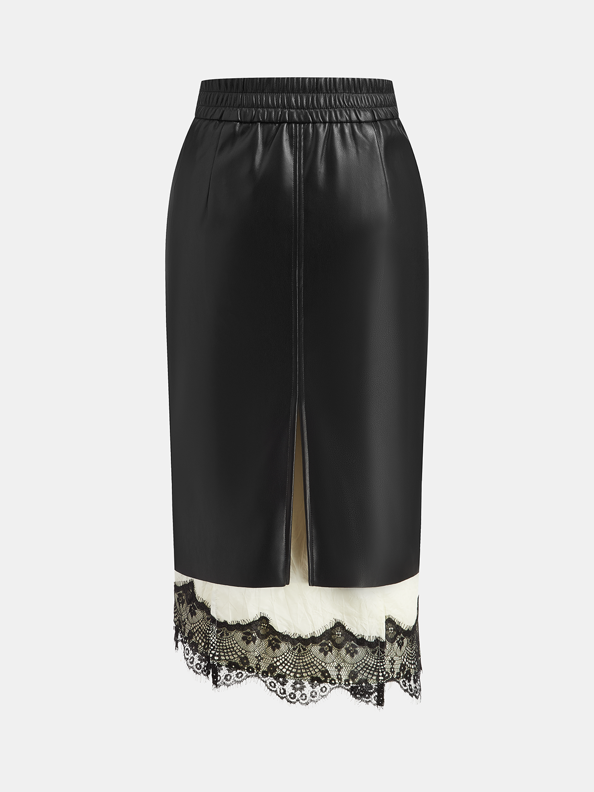 Lace Hem Faux Leather Midi Skirt