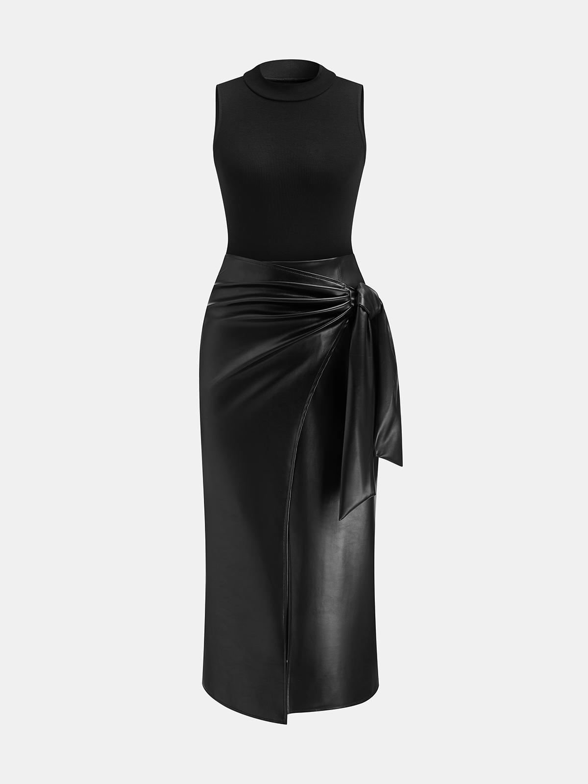 Sleeveless Bodysuit and Faux Leather Skirt Set
