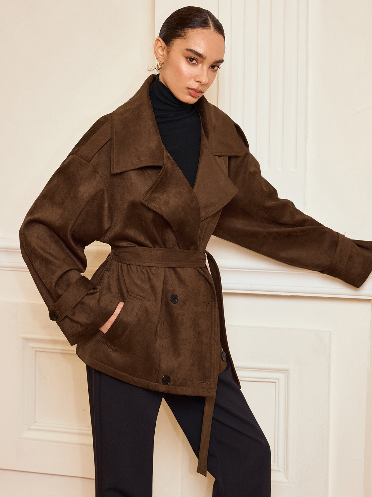 Trench-coat à revers effet daim avec ceinture