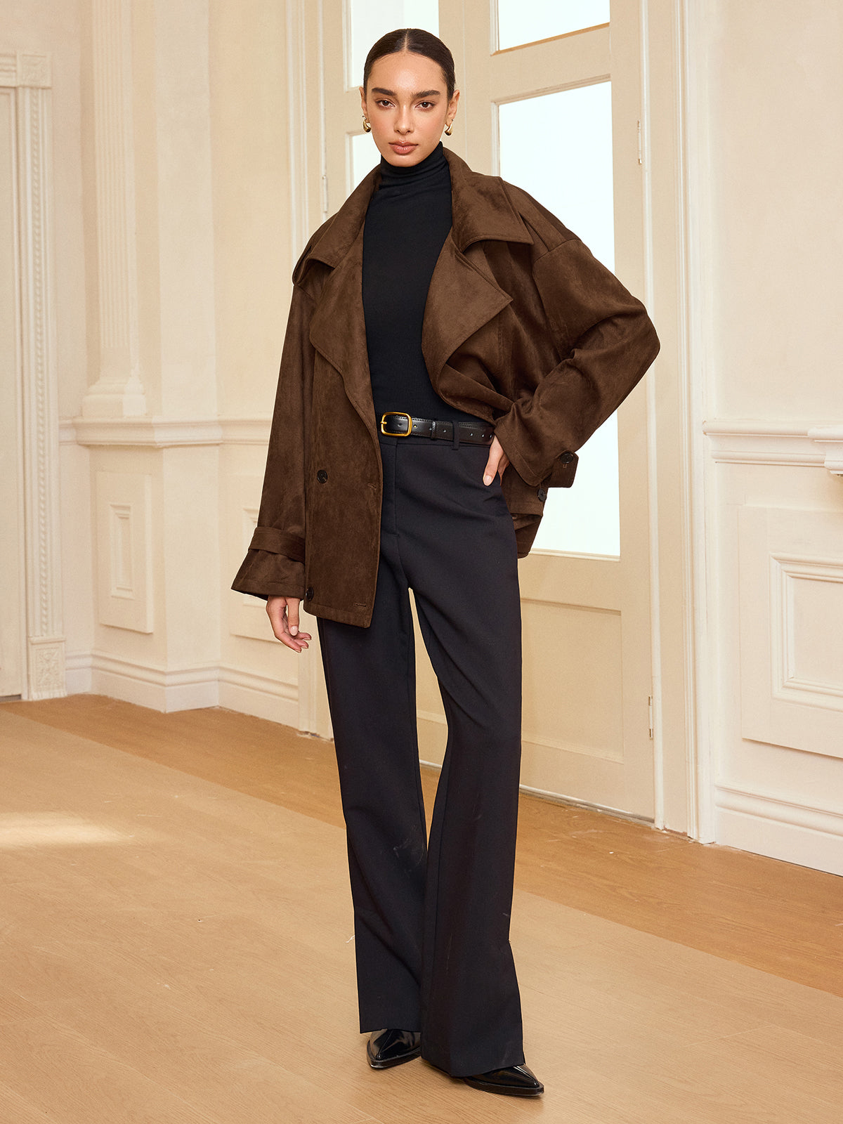 Trench-coat à revers effet daim avec ceinture