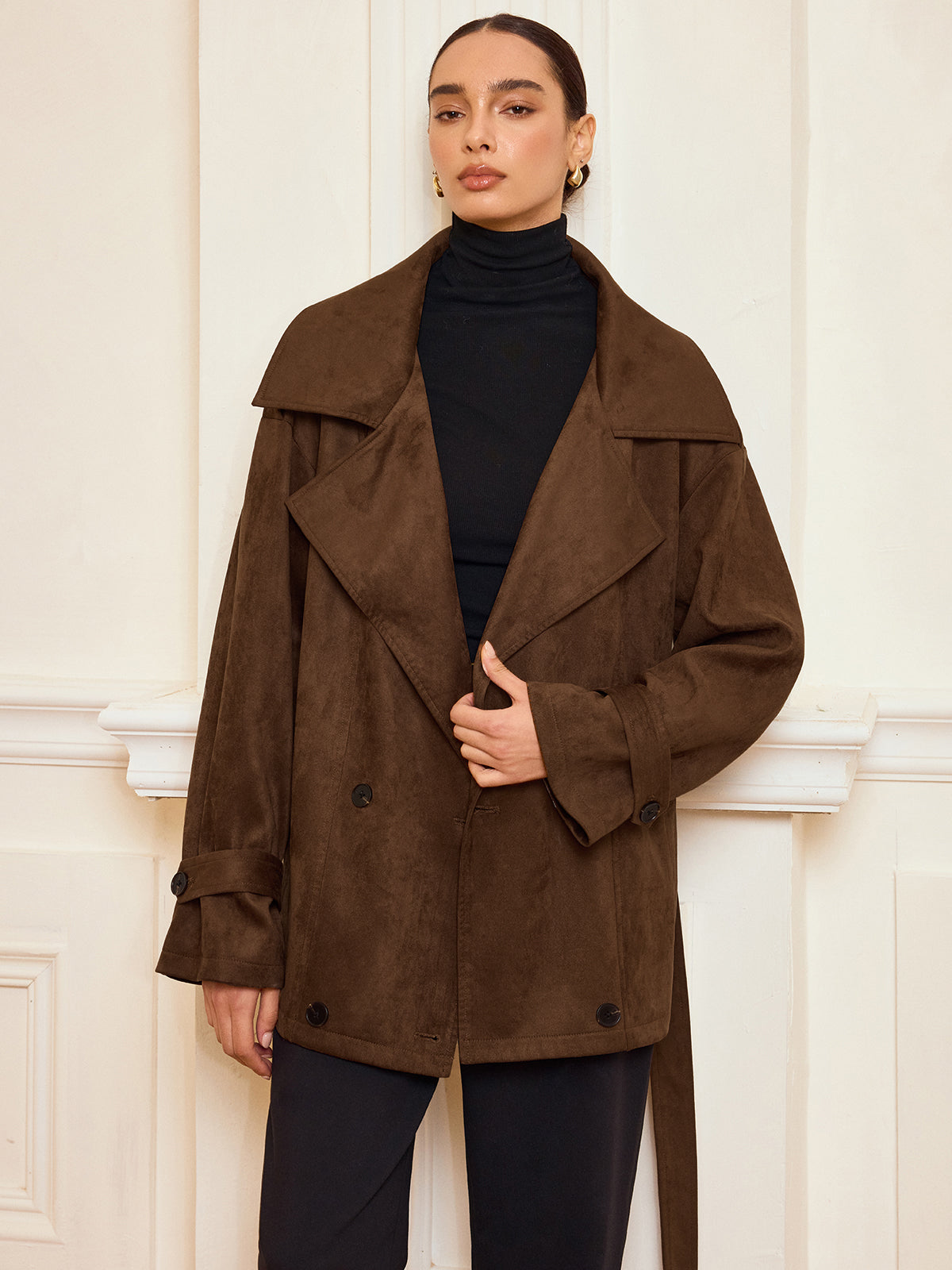 Trench-coat à revers effet daim avec ceinture