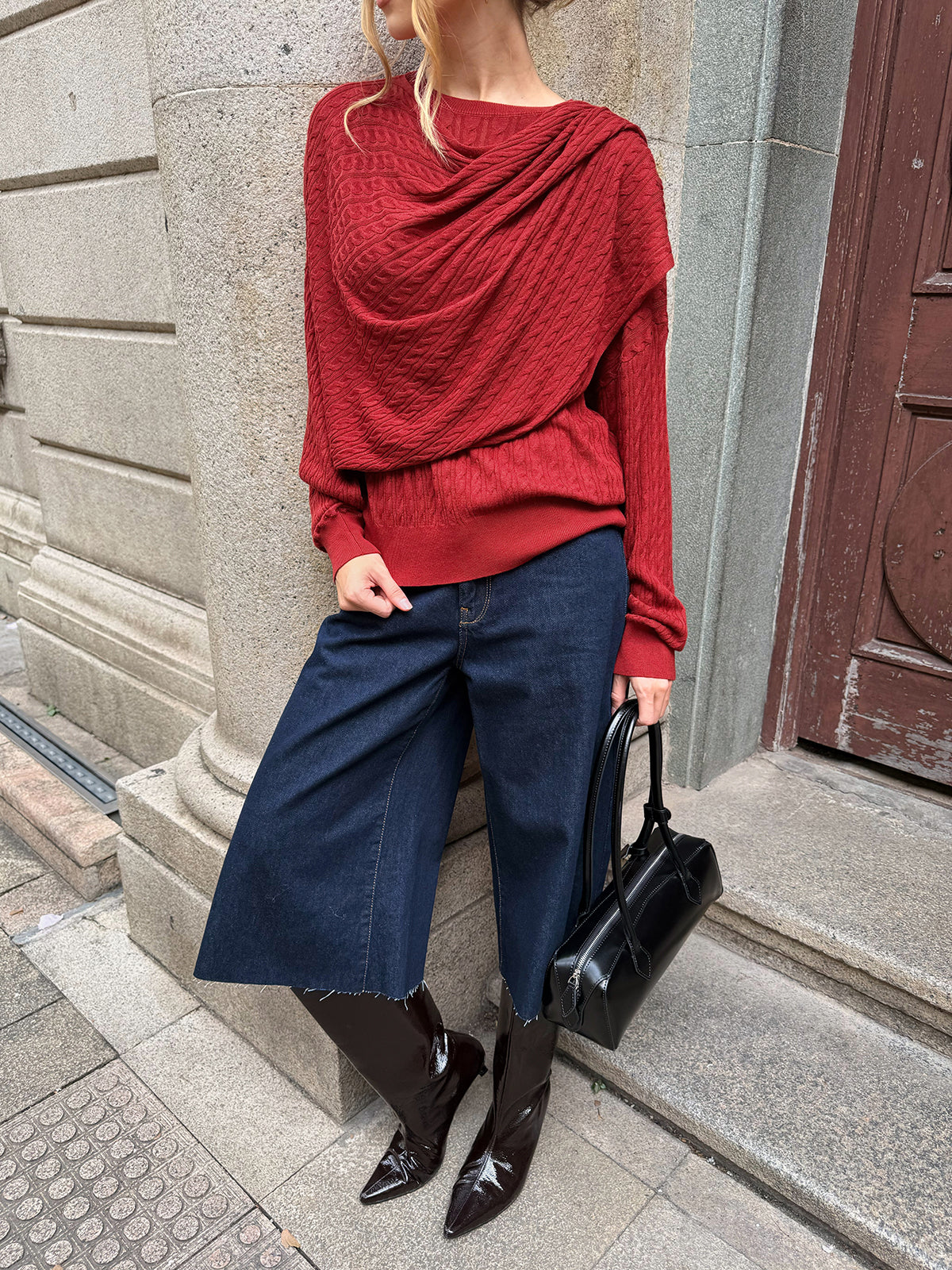 Wool Blend Cable Knit Draped Asymmetric Sweater