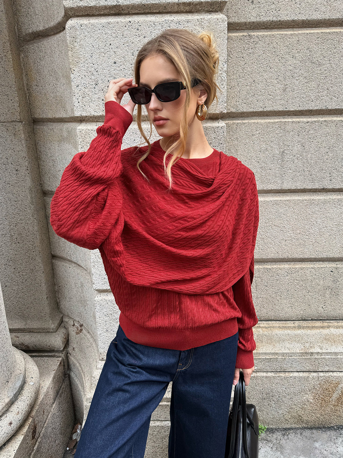 Wool Blend Cable Knit Draped Asymmetric Sweater