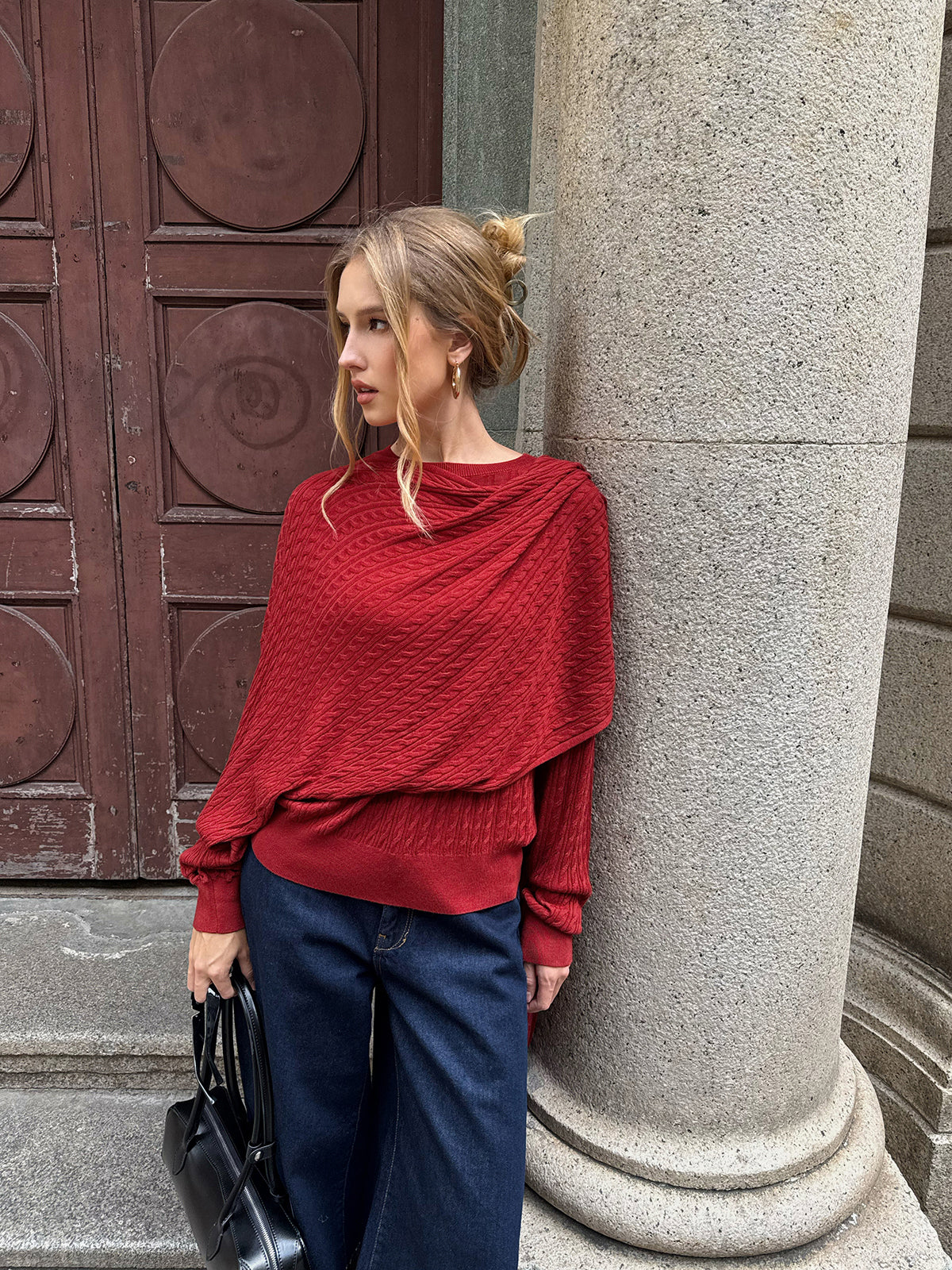 Wool Blend Cable Knit Draped Asymmetric Sweater