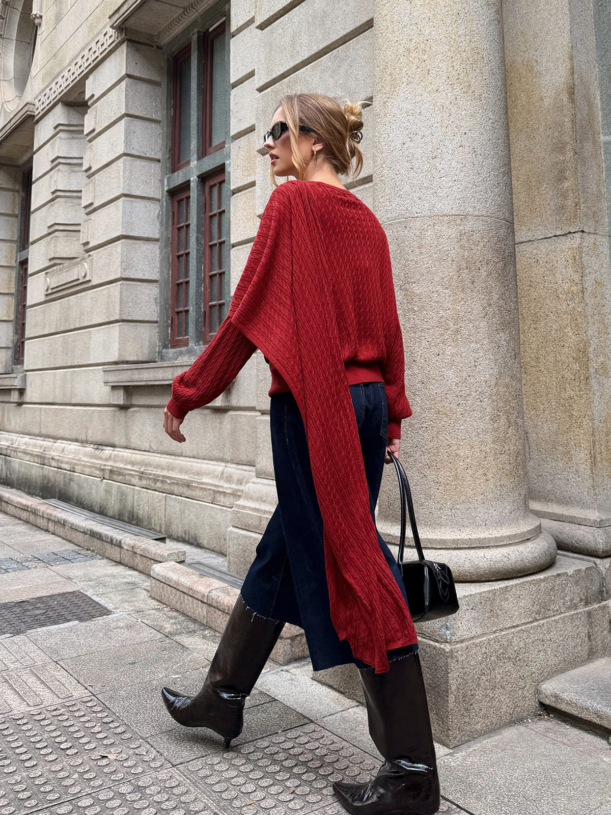 Wool Blend Cable Knit Draped Asymmetric Sweater