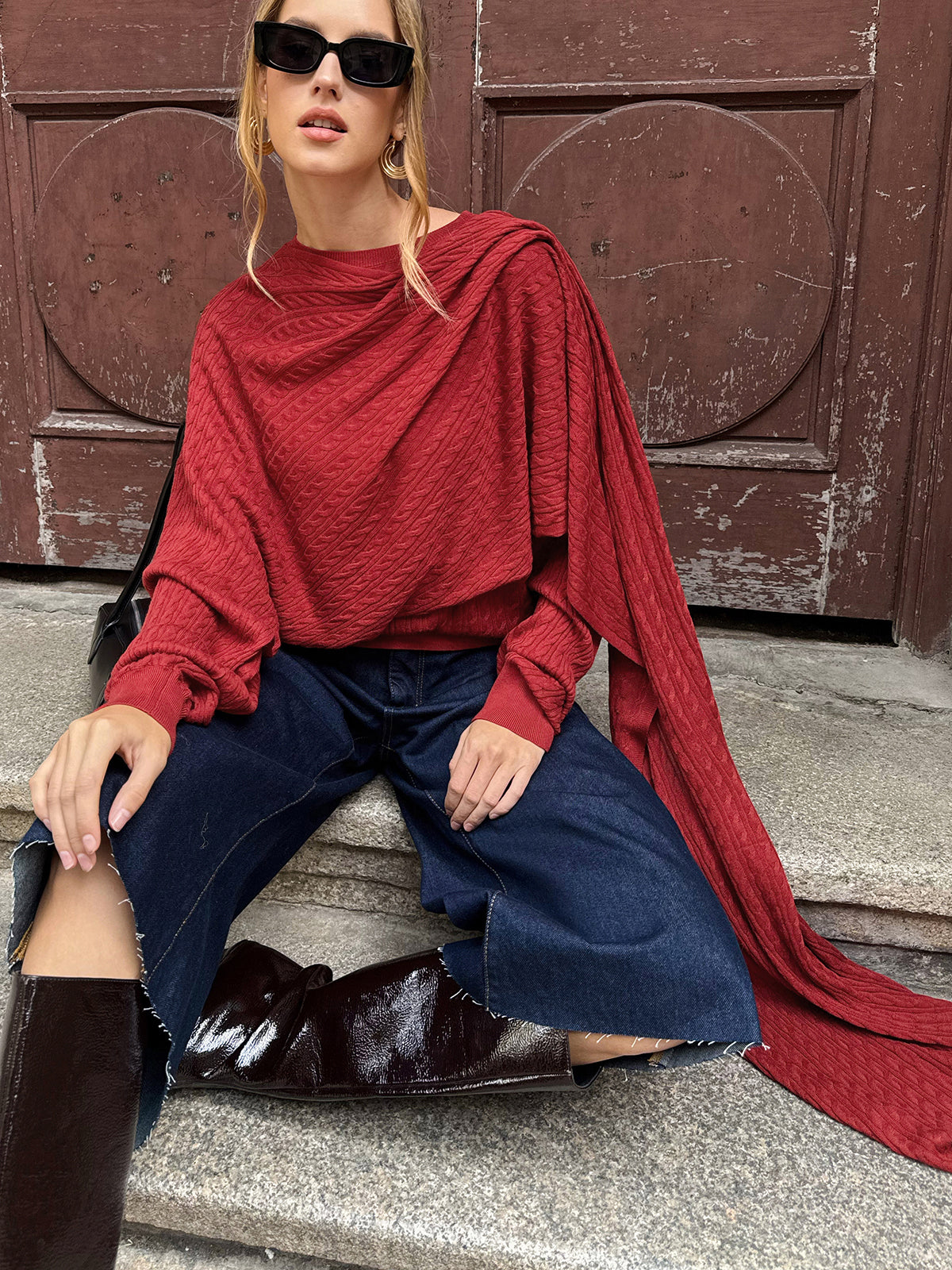 Wool Blend Cable Knit Draped Asymmetric Sweater