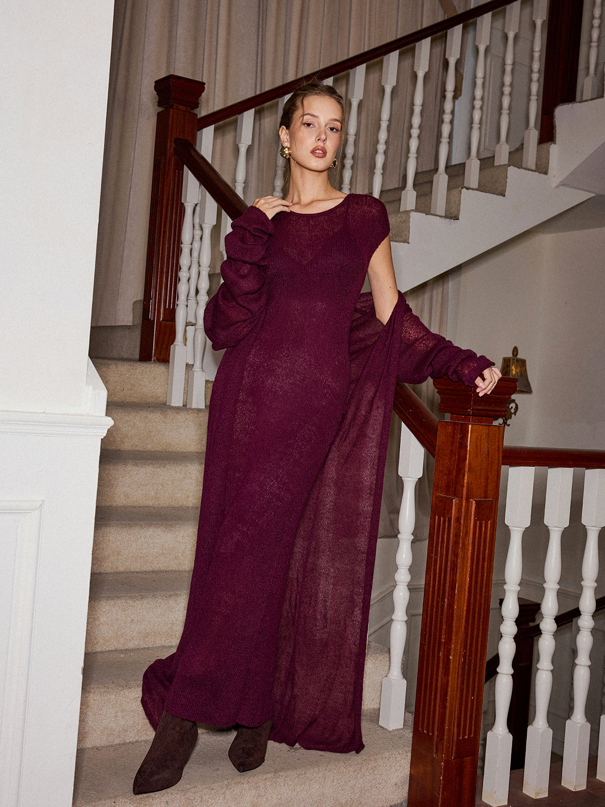 Knit Maxi Dress and Cardigan Two Piece Set without Belt