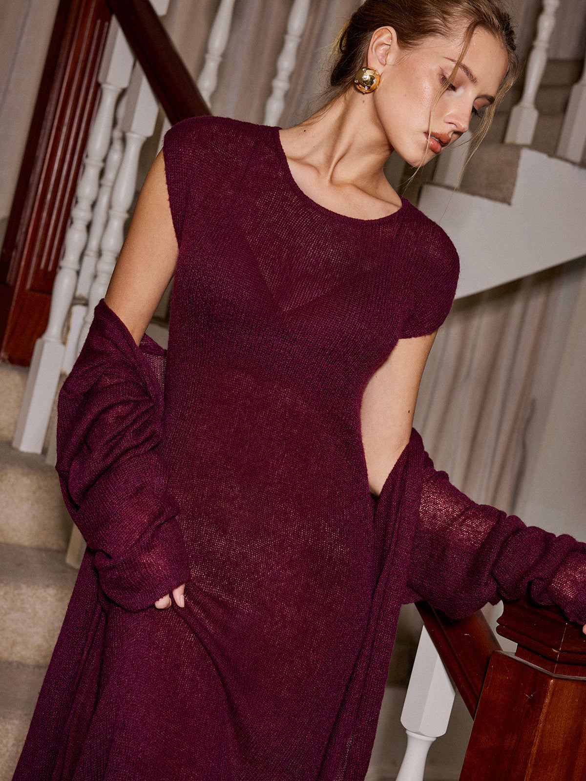Knit Maxi Dress and Cardigan Two Piece Set without Belt