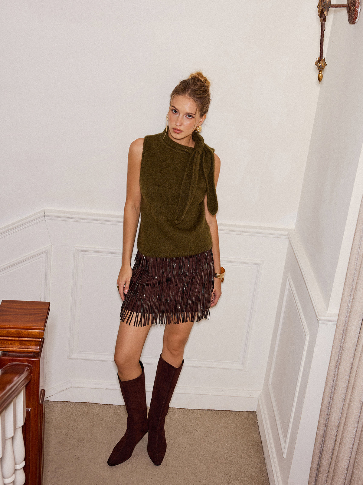 Wool Blend Tie Neck Sleeveless Sweater Vest