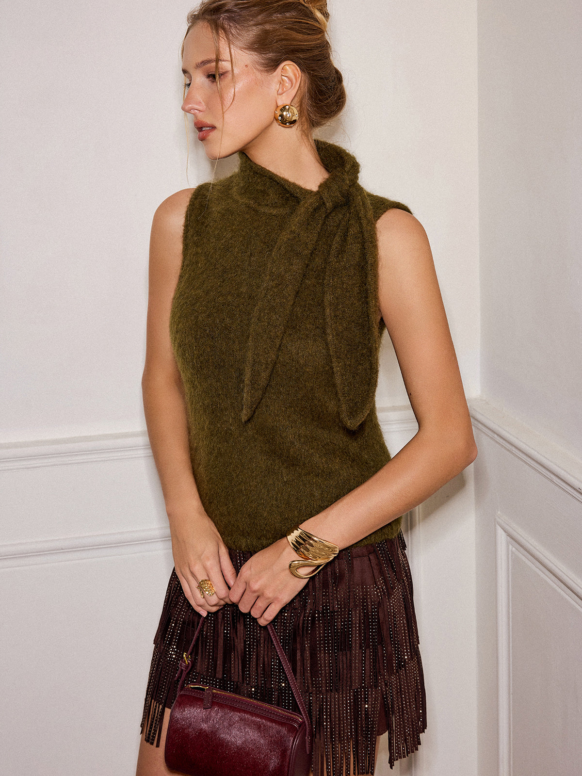 Wool Blend Tie Neck Sleeveless Sweater Vest