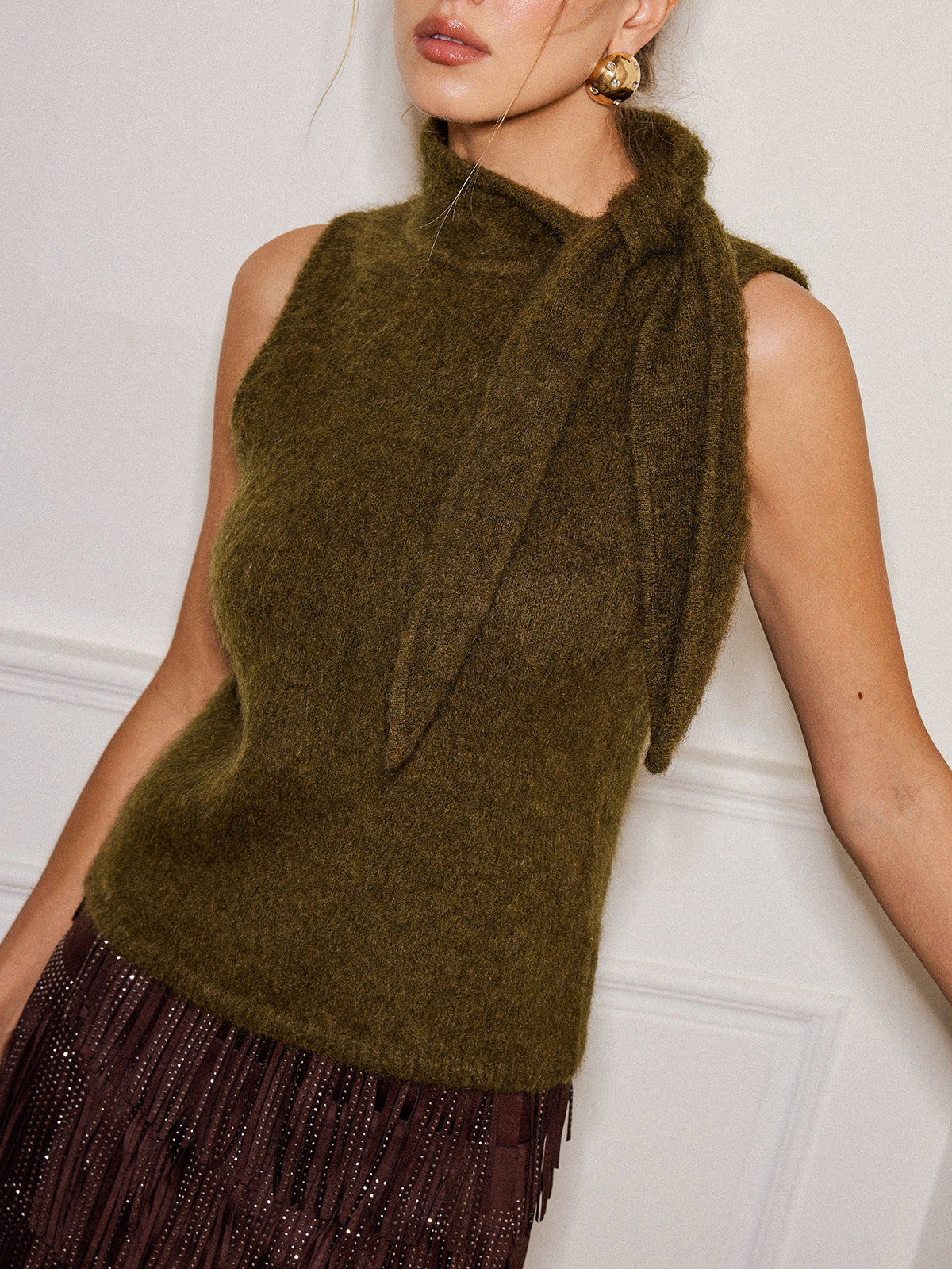 Wool Blend Tie Neck Sleeveless Sweater Vest