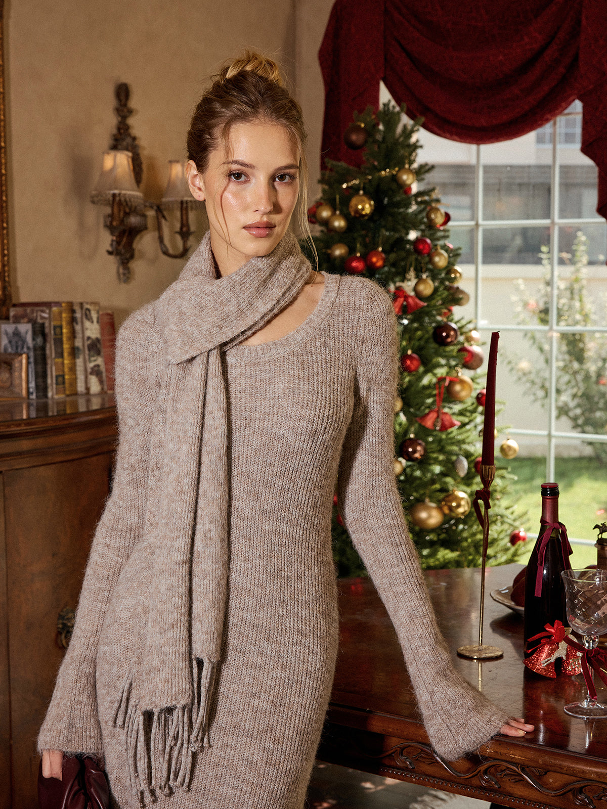 Long Sleeve Knit Maxi Dress with Scarf