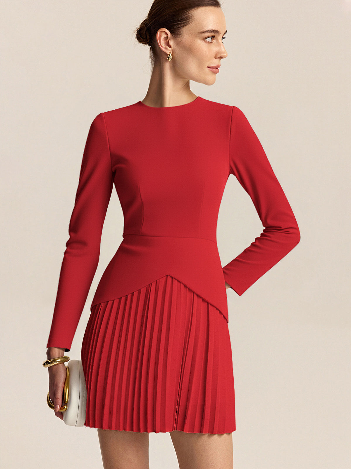 Langärmeliges Color-Block-Plisseekleid
