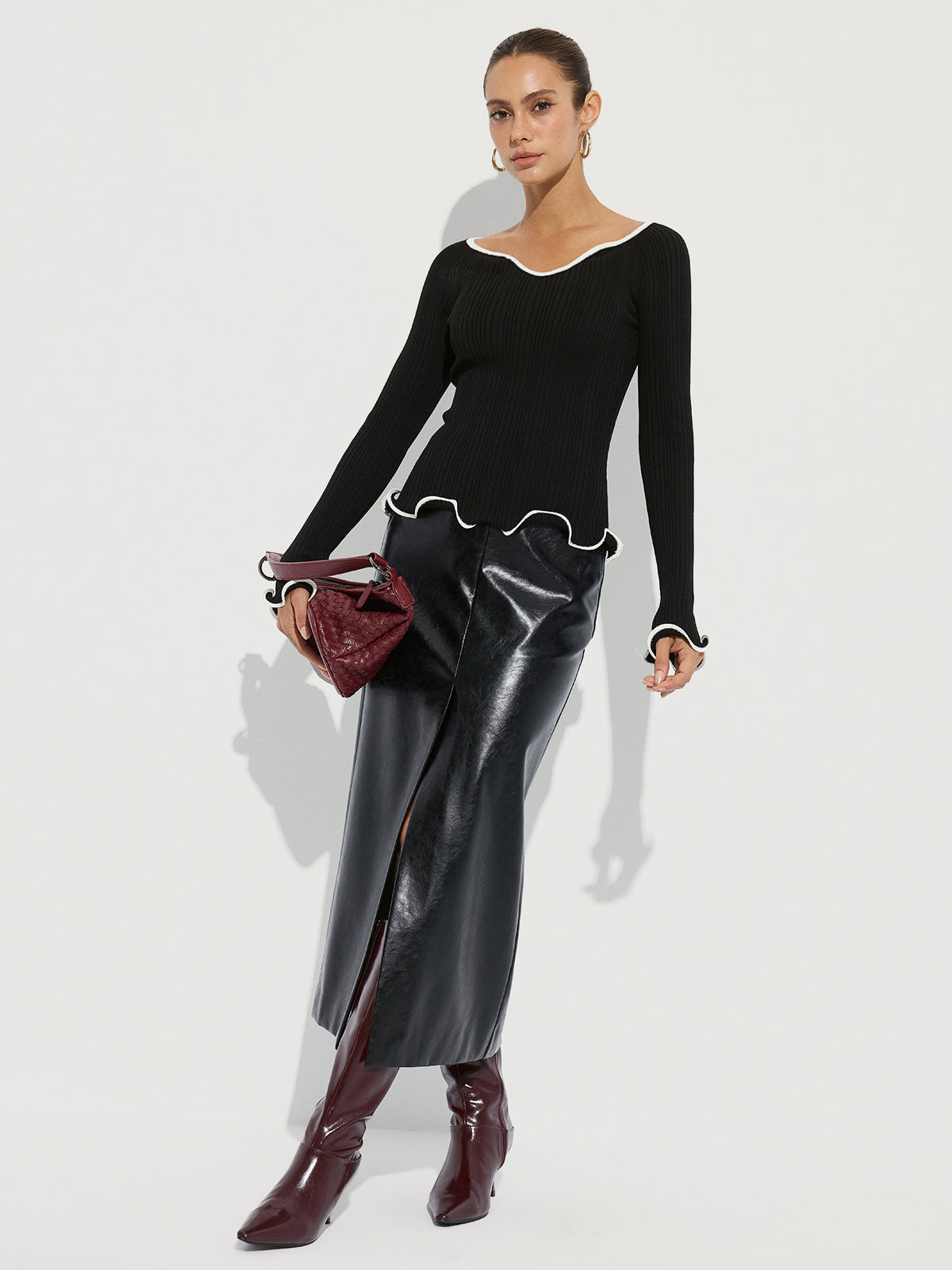 Contrast Ruffle Trim Ribbed Knit Top